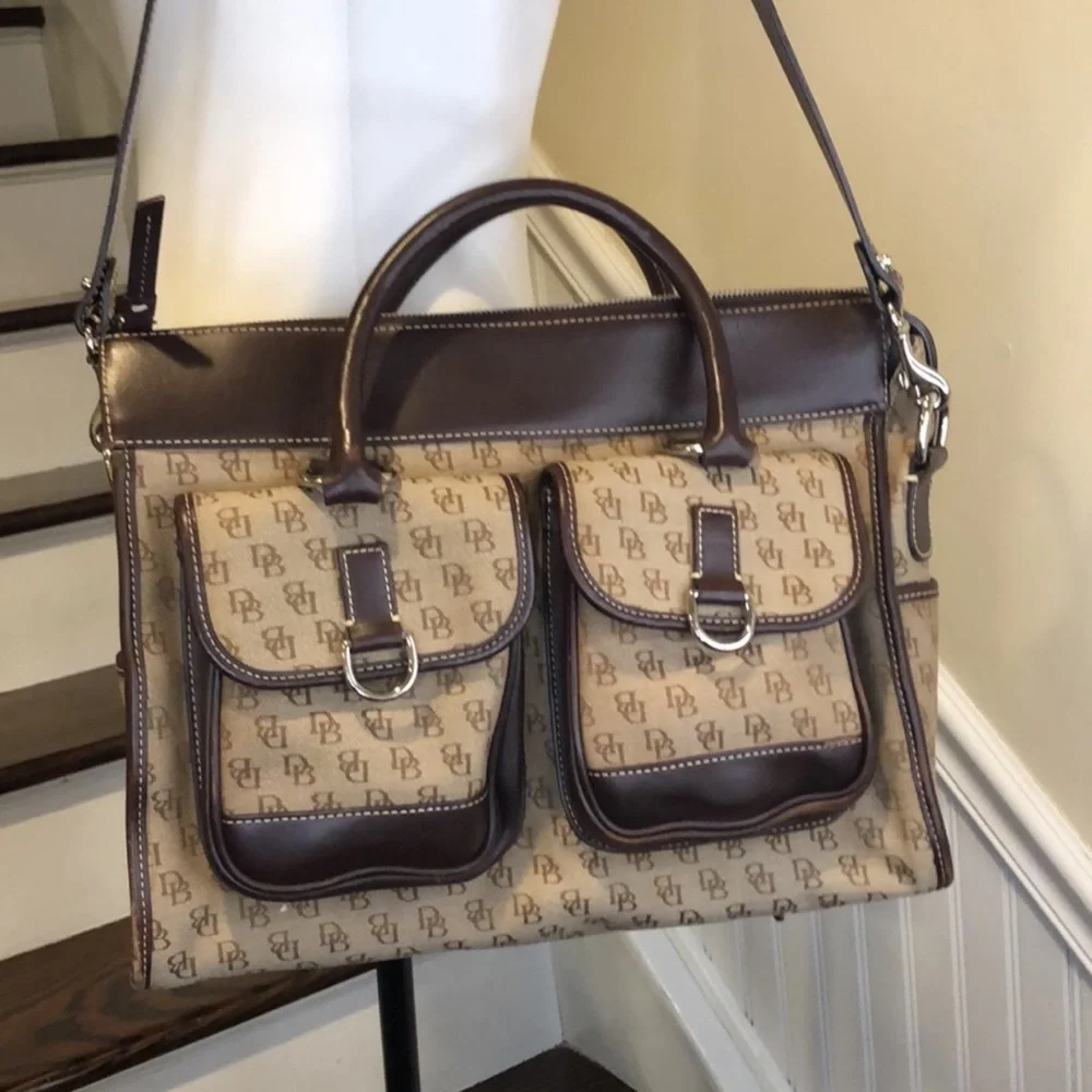 DOONEY BOURKE Signature Logo Canvas & Brown Leather Briefcase Messenger Bag